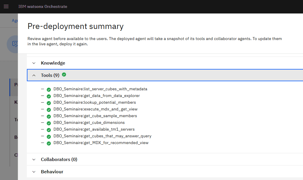 Configuration of a watsonx Orchestrate AI Builder agent with its tool list